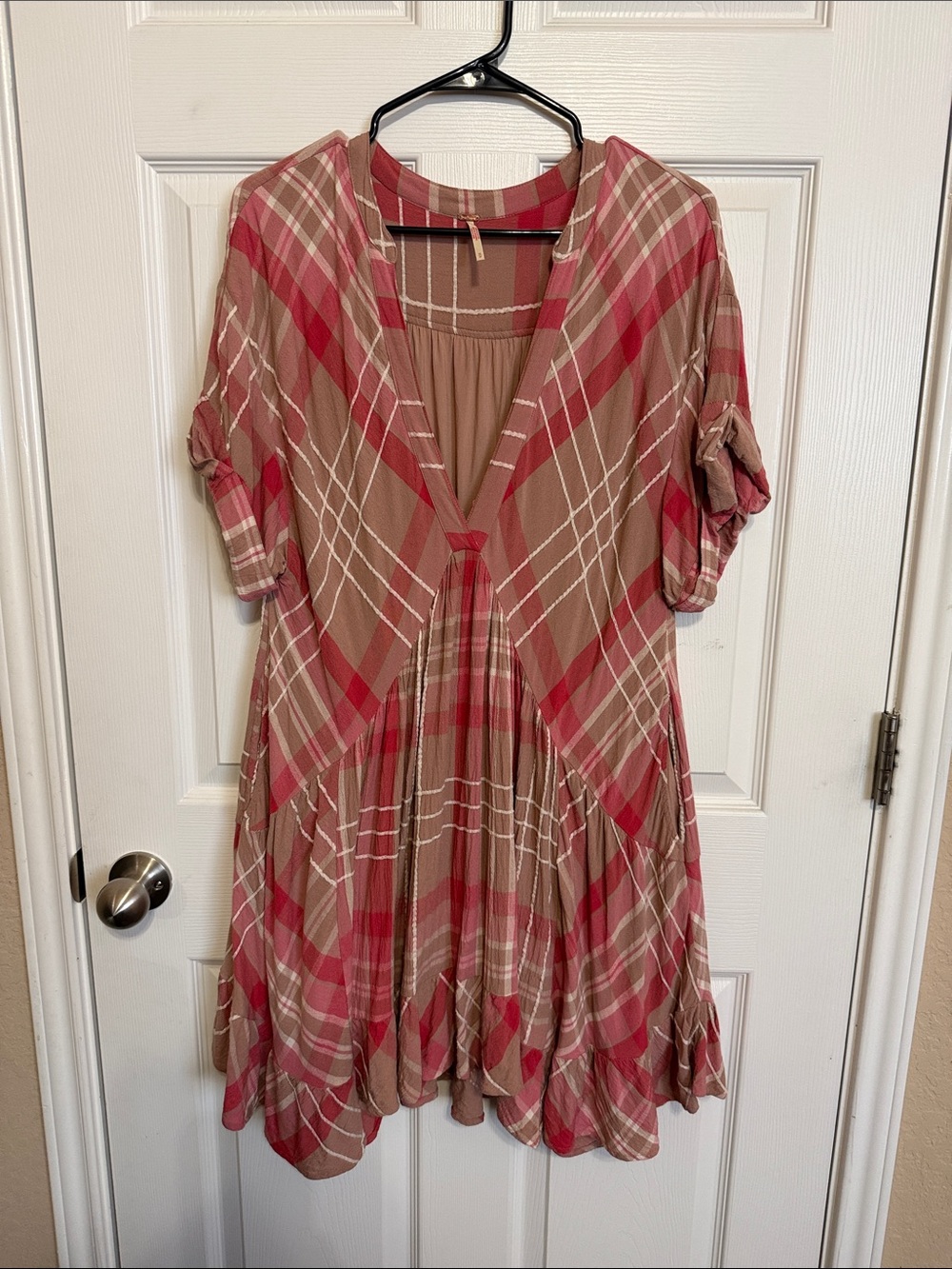 Free People Tan and Pink Plaid Asymmetrical Swing Dress